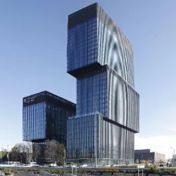 Dwa nowoczesne biurowce o szklanej fasadzie w słoneczny dzień, z charakterystyczną bryłą jednego z budynków składającą się z trzech segmentów przesuniętych względem siebie, widoczne elementy...