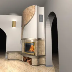 Elegancki kominek z obudową z kamienia w jasnym wnętrzu z łukowymi przejściami. W palenisku widoczne płomienie, a pod nim ułożone drewno. Nowoczesny design.