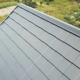 Szary dach kryty dachówką modułową z widoczną krawędzią okapową i zielonym tłem zarośli.