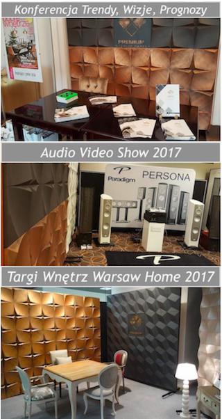 Trzy kadry ze stoisk targowych prezentujących panele dekoracyjne 3D w różnych kolorach i wzorach, ustawione w konfiguracjach ścianek działowych i aranżacji wnętrz.