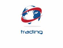 Grafika przedstawia stylizowaną kulę ziemską z niebieską siatką geograficzną, otoczoną czerwoną orbitą. Poniżej widnieje niebieski napis 'trading'.