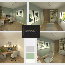 Minimalistyczny gabinet w odcieniach szałwii, szarości i bieli z dodatkiem jasnego ciepłego drewna.