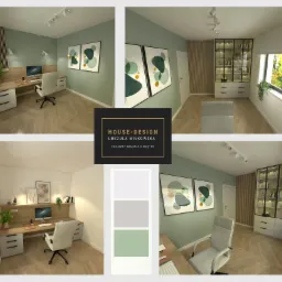 Minimalistyczny gabinet w odcieniach szałwii, szarości i bieli z dodatkiem jasnego ciepłego drewna.