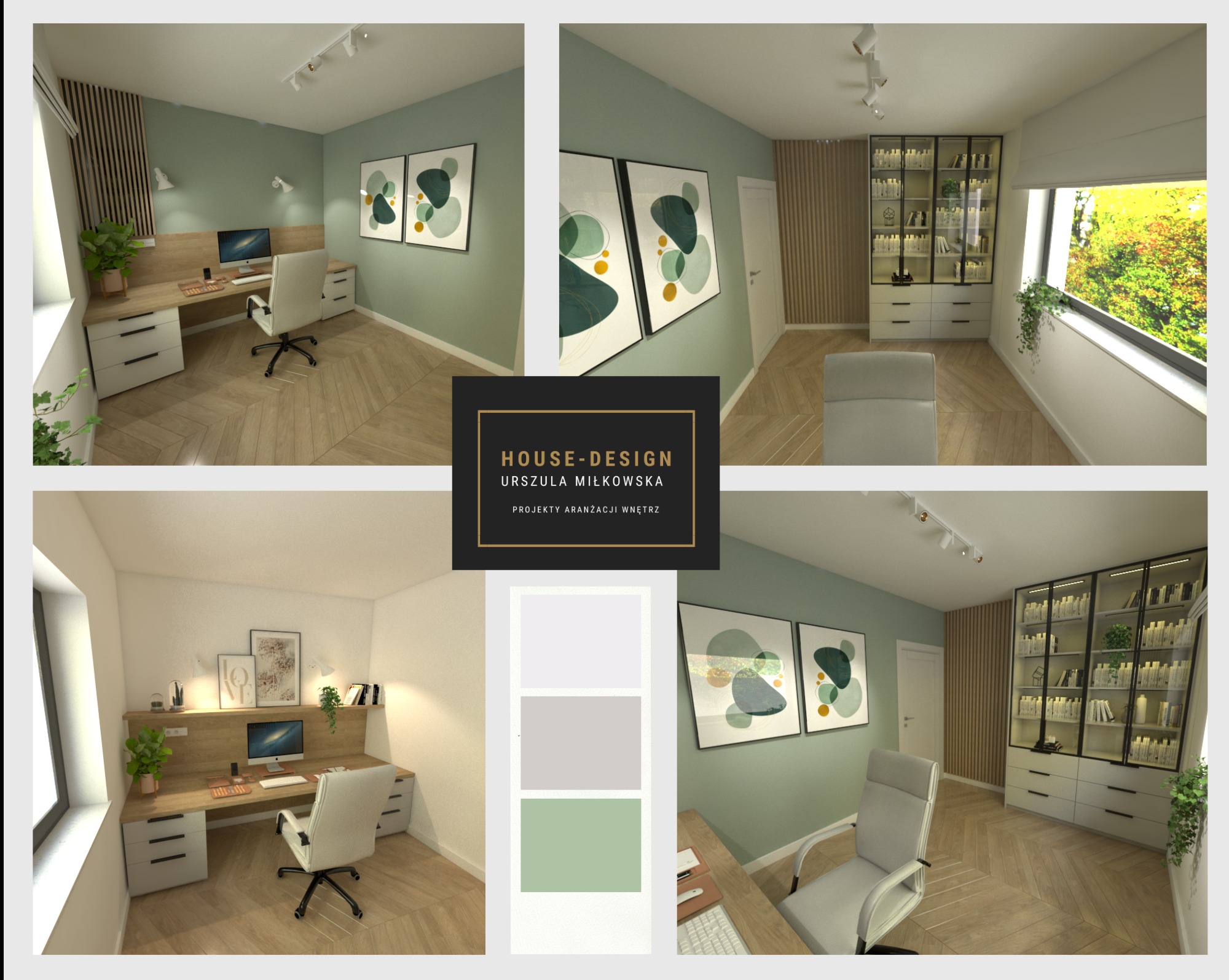 Minimalistyczny gabinet w odcieniach szałwii, szarości i bieli z dodatkiem jasnego ciepłego drewna.