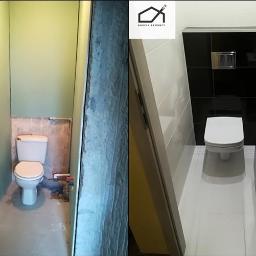 Robimy.remonty - Porównanie stanu łazienki przed i po remoncie: surowe ściany i stara toaleta kontra nowoczesna aranżacja z czarno-białymi płytkami, podwieszaną toaletą i umywalką.