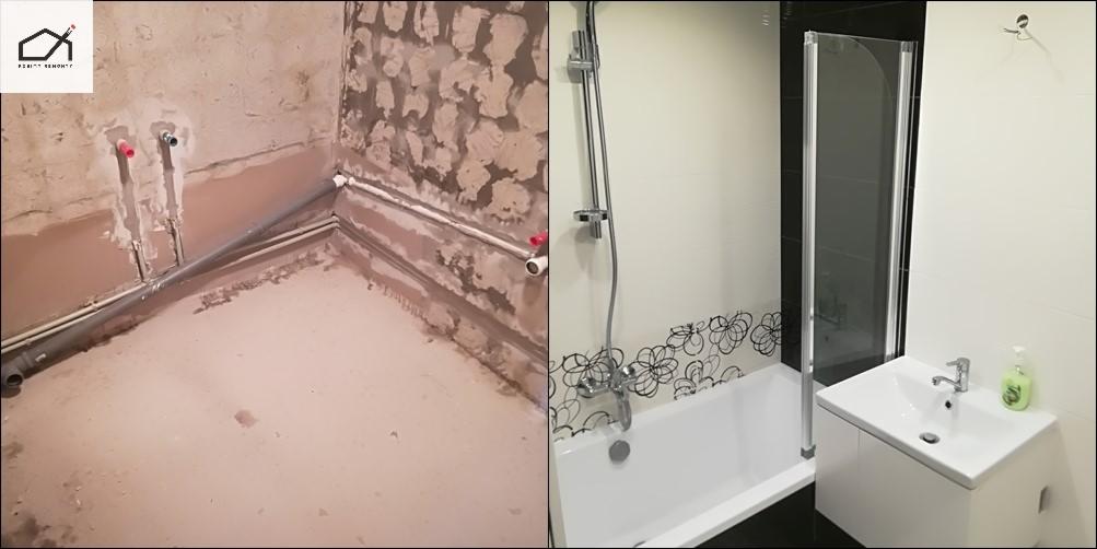 Porównanie stanu surowego i wykończonej łazienki: instalacja rur w ścianie przed położeniem płytek i gotowa łazienka z białą wanną, kabiną prysznicową i umywalką z szafką.