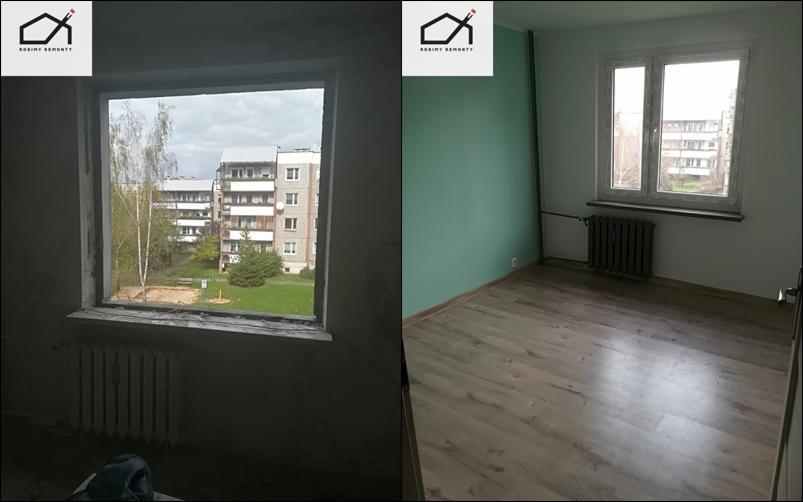 Pokój przed i po remoncie: surowe ściany i stare okno kontra odnowione wnętrze z panelami podłogowymi, pomalowanymi ścianami i nowym oknem.