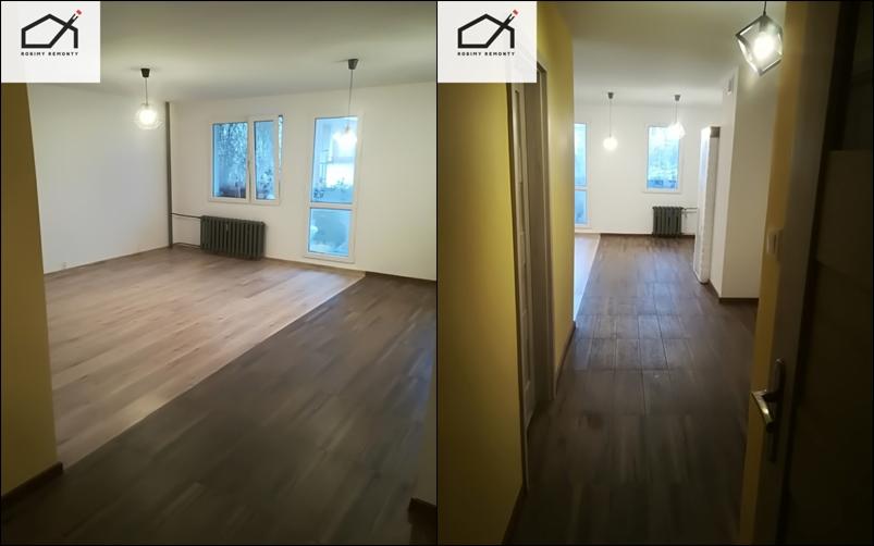 Dwa ujęcia tego samego pokoju po częściowej wymianie podłogi: po lewej stronie jaśniejsza, drewniana podłoga, po prawej ciemniejsza, ułożona wzdłuż pokoju. Na ścianie widoczny grzejnik i okna.