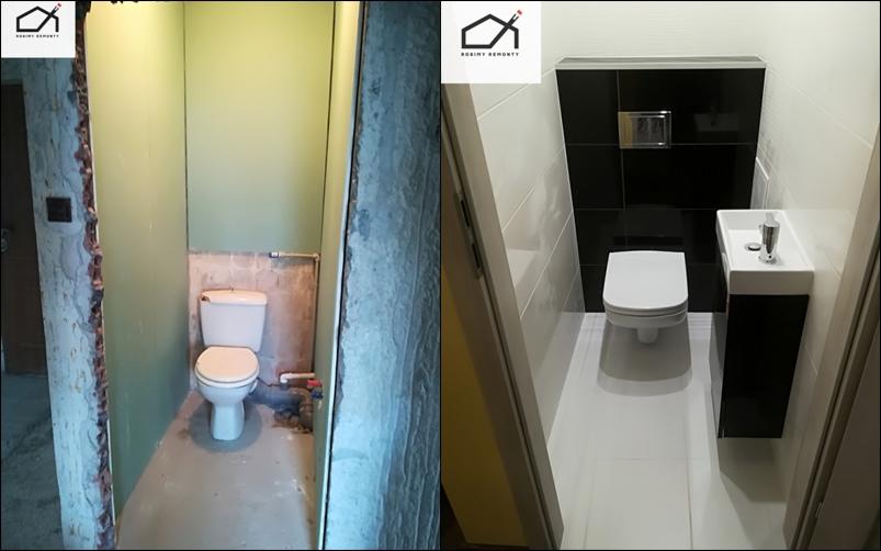 Porównanie stanu łazienki przed i po remoncie: surowe ściany i stara toaleta kontra nowoczesna aranżacja z czarno-białymi płytkami, podwieszaną toaletą i umywalką.