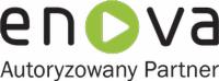 Logo firmy Enova, autoryzowanego partnera, z zielonym symbolem odtwarzania w środku nazwy.