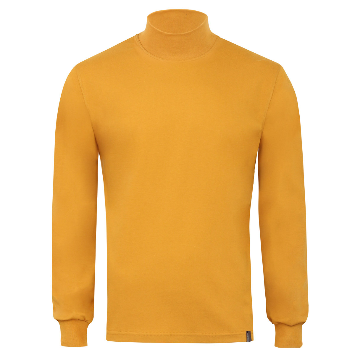 Musztardowa bluzka z długim rękawem i golfem, widoczna na białym tle.