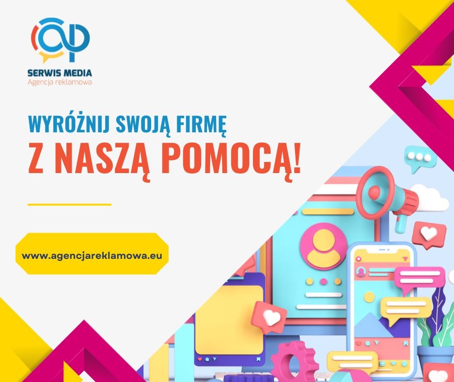 Grafika reklamowa agencji Serwis Media z hasłem 'Wyróżnij swoją firmę z naszą pomocą!', prezentująca komputer, telefon i megafon w pastelowych kolorach, sugerująca usługi marketingowe i interaktywne.