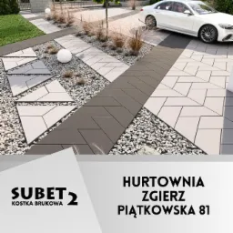 Nowoczesna aranżacja podjazdu z jasnoszarej kostki o geometrycznym wzorze, uzupełniona ciemnoszarą kostką i białym grysem, z białym samochodem osobowym w tle i elementami zieleni. Widoczny fragment...