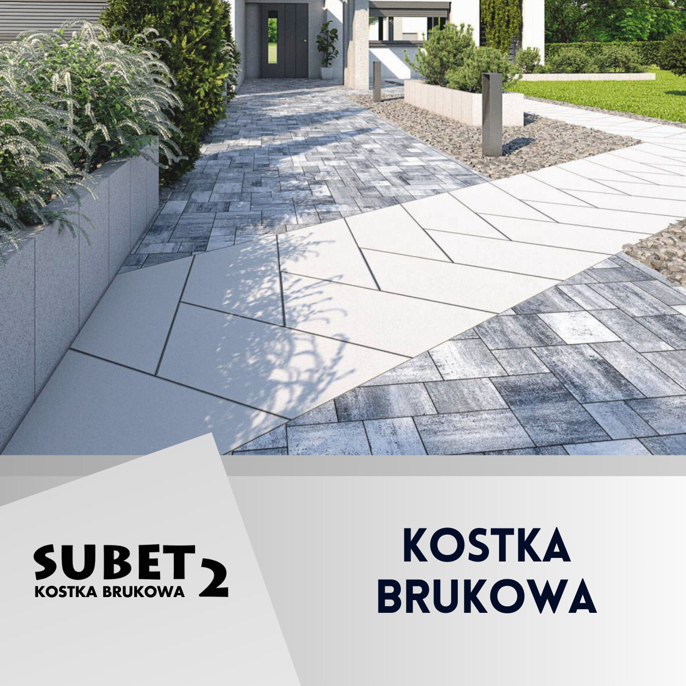 Nowoczesna aranżacja podjazdu z geometrycznym wzorem z jasnoszarej i szarej kostki brukowej, prowadzącego do domu z ciemnymi drzwiami wejściowymi. Po lewej stronie widoczny niski murek...