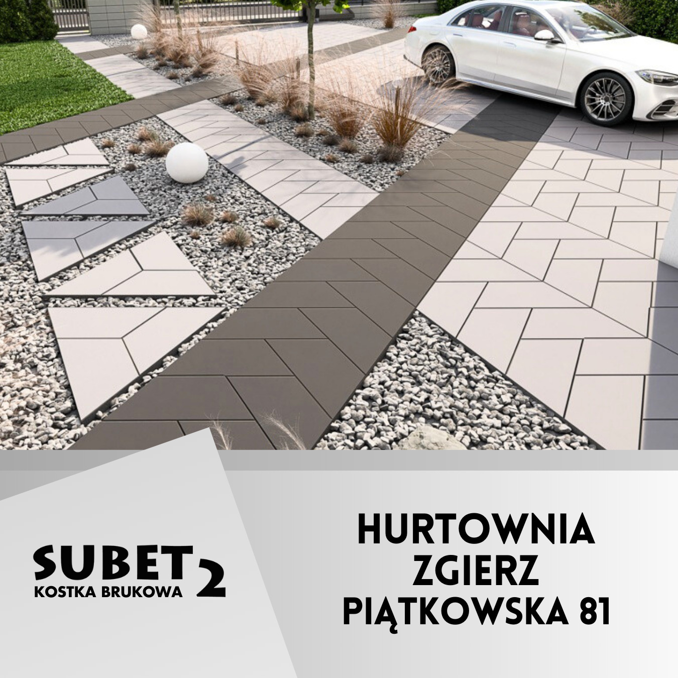 Nowoczesna aranżacja podjazdu z jasnoszarej kostki o geometrycznym wzorze, uzupełniona ciemnoszarą kostką i białym grysem, z białym samochodem osobowym w tle i elementami zieleni. Widoczny fragment...