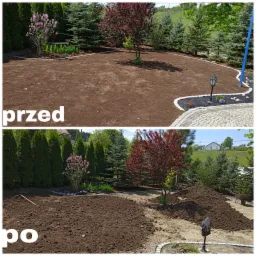 Zdjęcie 'przed i po' ukazujące przygotowanie terenu pod trawnik: wyrównana ziemia z obrzeżami przed i rozplantowana ziemia z kopcami po.