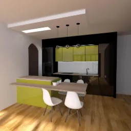 Wizualizacja nowoczesnej kuchni z wyspą w odcieniach limonki i czerni, oświetlona trzema wiszącymi lampami, z białymi krzesłami i drewnianą podłogą. W tle widoczny fragment ściany z cegły.