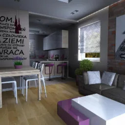 Nowoczesne wnętrze mieszkania z otwartą kuchnią, jadalnią z drewnianym stołem i białymi krzesłami, salonem z szarą sofą i stolikiem kawowym w kolorach bieli i fioletu, ściana z napisem 'Dom'...