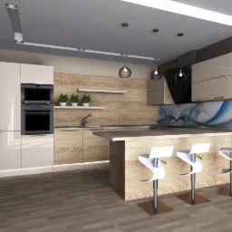 Wizualizacja nowoczesnej kuchni z wyspą, białymi hokerami, zabudową meblową w odcieniach beżu i drewna, oświetleniem punktowym i dekoracyjnym panelem nad blatem.