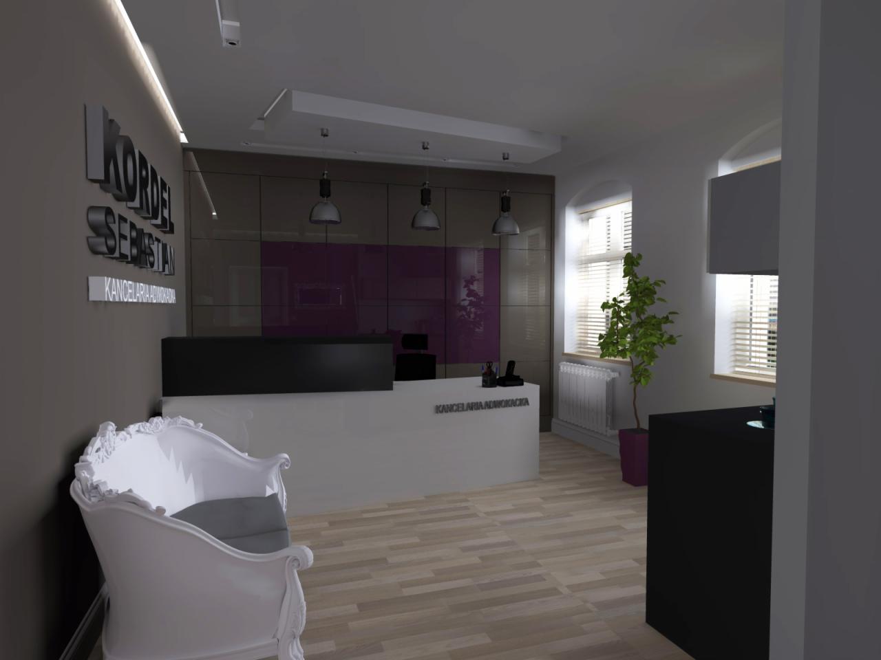 Wizualizacja wnętrza recepcji kancelarii adwokackiej z białym, zdobionym fotelem, długą, białą ladą recepcyjną z czarnym blatem, szarą ścianą z logo i podświetlanymi literami oraz drewnianą podłogą.