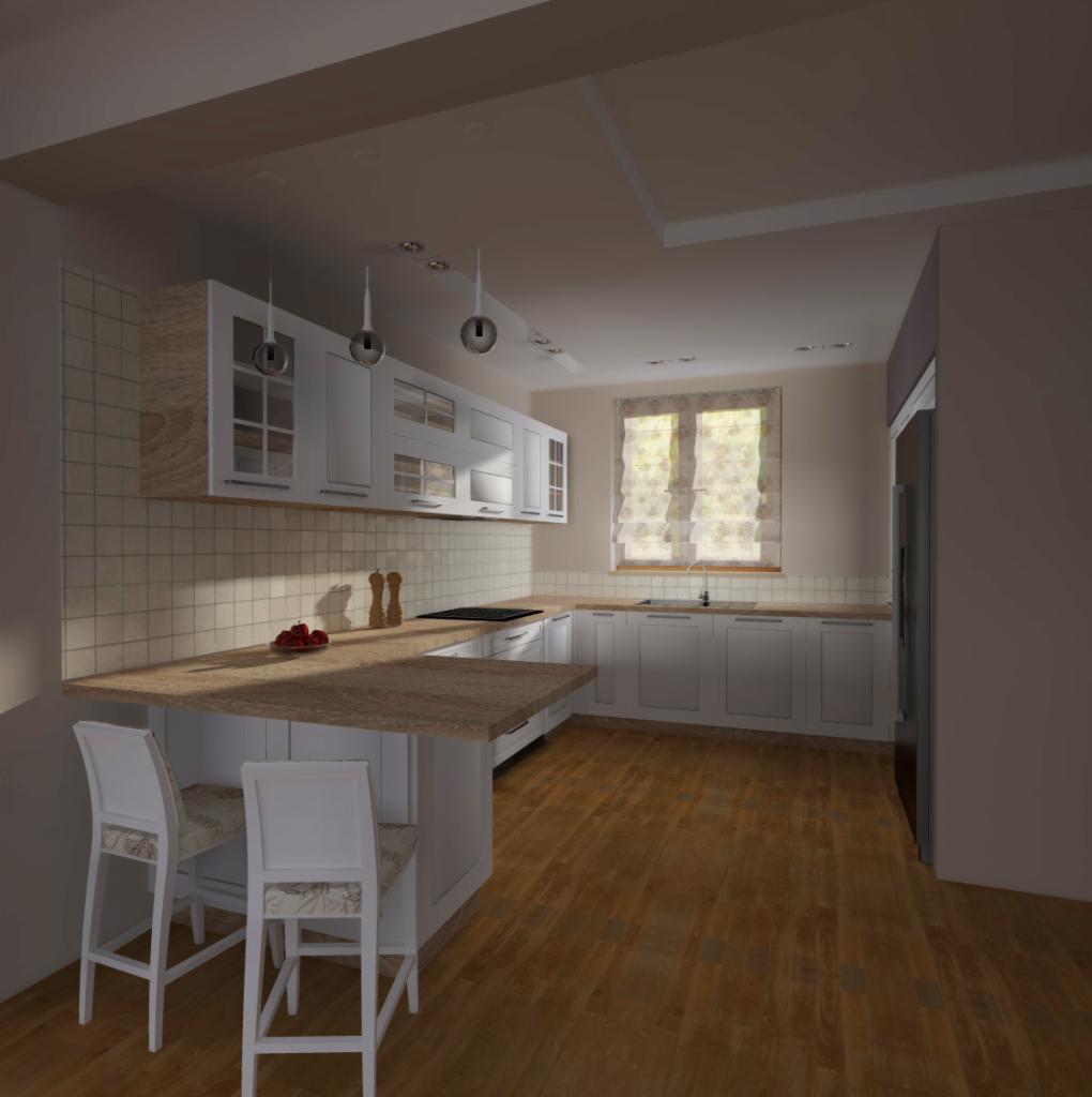 Wizualizacja przestronnej kuchni z białymi szafkami, drewnianym blatem, dwoma krzesłami barowymi z wzorzystymi siedziskami i oknem z roletą rzymską.