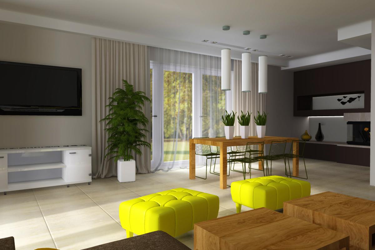 Jasne wnętrze z drewnianym stołem, zielonymi krzesłami, pufami w kolorze limonki i dużą rośliną doniczkową obok białej szafki RTV pod wiszącym telewizorem.