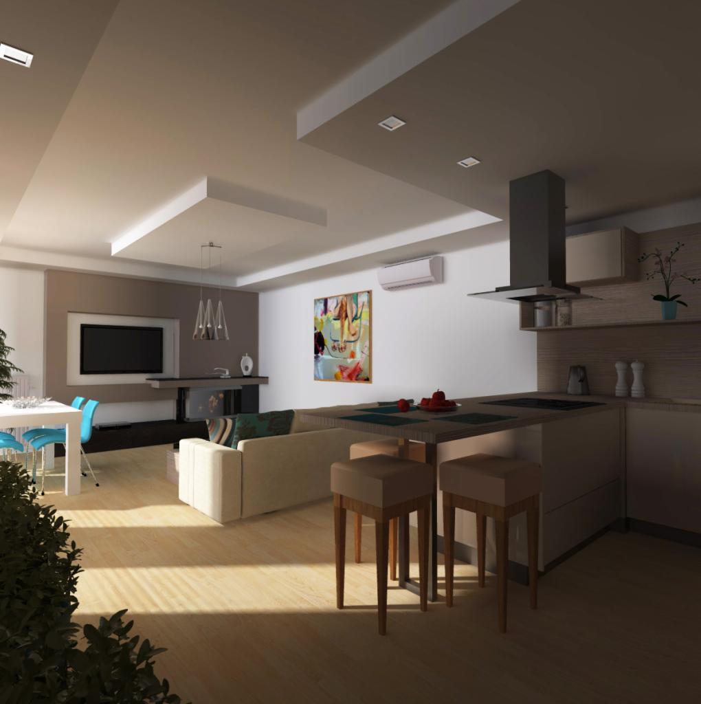 Wizualizacja przestronnego wnętrza łączącego kuchnię z salonem, z jasnymi drewnianymi podłogami, nowoczesnymi meblami i akcentami kolorystycznymi w postaci obrazu i turkusowych krzeseł.