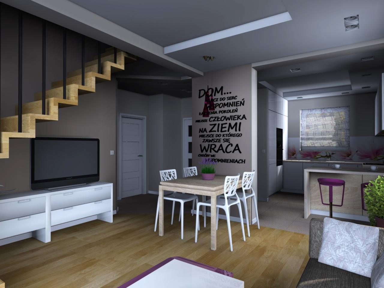 Wizualizacja wnętrza mieszkania z drewnianymi schodami, telewizorem, stołem z krzesłami i otwartą kuchnią z dekoracyjnym napisem na ścianie.