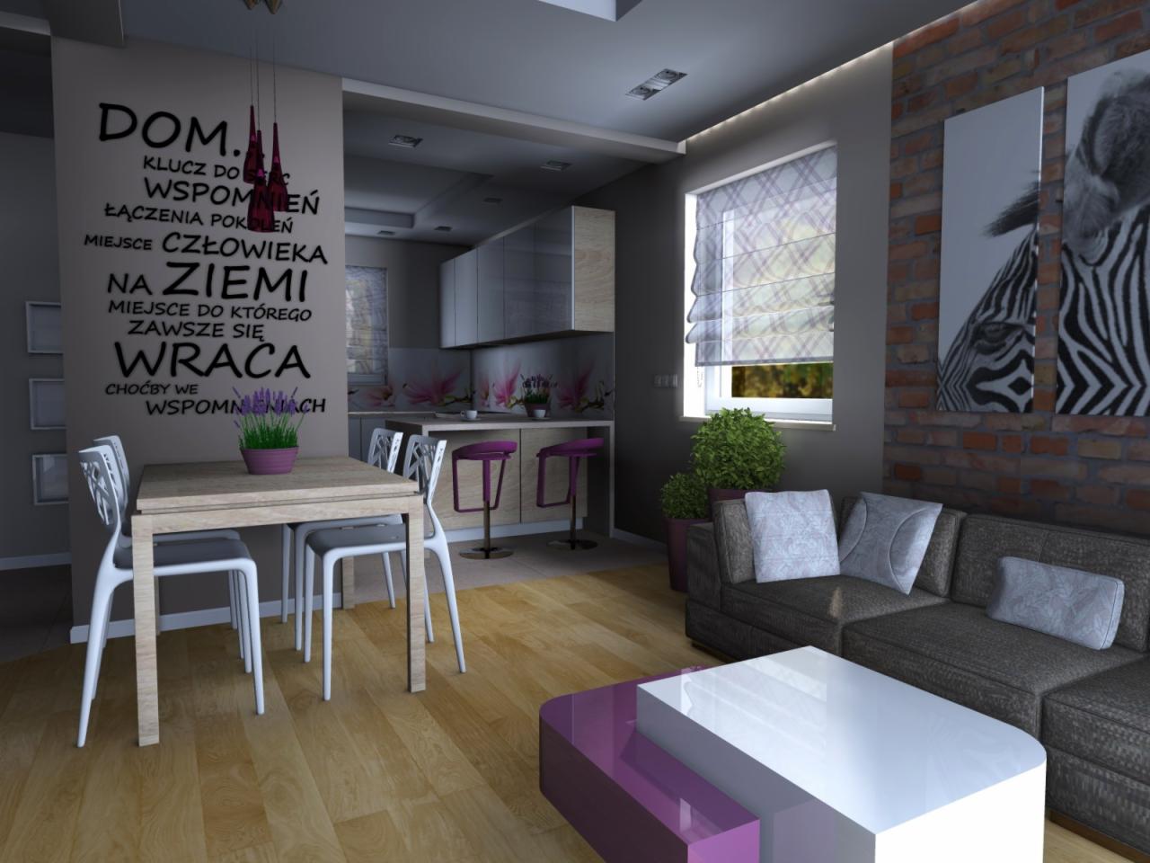 Nowoczesne wnętrze mieszkania z otwartą kuchnią, jadalnią z drewnianym stołem i białymi krzesłami, salonem z szarą sofą i stolikiem kawowym w kolorach bieli i fioletu, ściana z napisem 'Dom'...