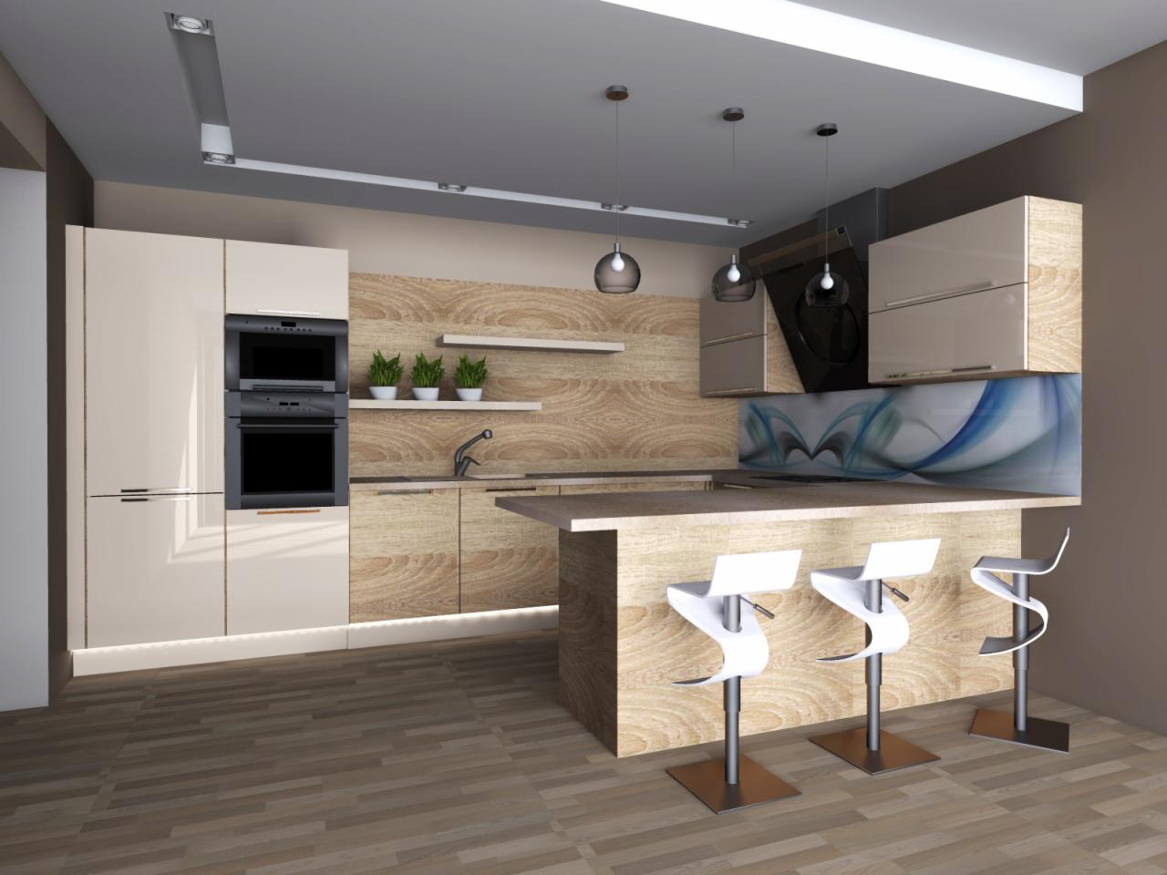 Wizualizacja nowoczesnej kuchni z wyspą, białymi hokerami, zabudową meblową w odcieniach beżu i drewna, oświetleniem punktowym i dekoracyjnym panelem nad blatem.