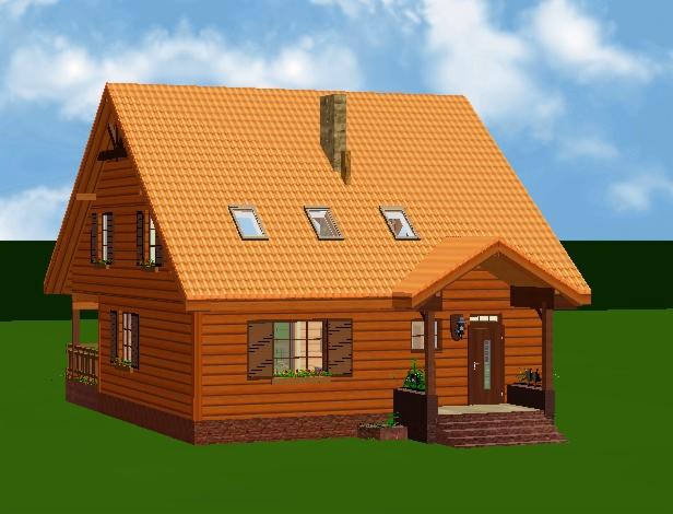 Wizualizacja domu szkieletowego z brązowego drewna z pomarańczowym dachem, widoczne okna dachowe i mały taras. Projekt domu z kominem na tle błękitnego nieba.