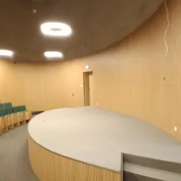 Wnętrze sali konferencyjnej z drewnianymi panelami ściennymi, podwyższoną sceną z trzema stopniami i rzędem zielonych krzeseł w tle.