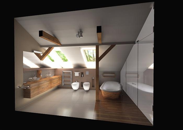 Wizualizacja przestronnej łazienki na poddaszu z drewnianymi belkami stropowymi, umywalką z blatem z desek, wolnostojącą wanną w drewnianej obudowie oraz kabiną prysznicową.