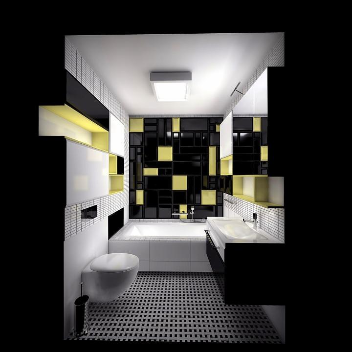 Nowoczesna łazienka w czarno-biało-żółtej kolorystyce, z geometrycznym wzorem na ścianie, białą wanną i wiszącą toaletą, oświetlona centralnym plafonem.