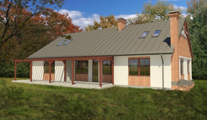 Wizualizacja projektu domu jednorodzinnego z zadaszonym tarasem, elewacja z białego tynku i cegły, szary dach z lukarnami, komin z cegły, otoczenie z zielonego trawnika i drzew.