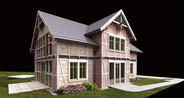 Wizualizacja domu dwukondygnacyjnego w stylu muru pruskiego z szarą dachówką i zielonymi ramami okiennymi, otoczonego trawnikiem z kwiatami i ścieżką z jasnego kamienia.