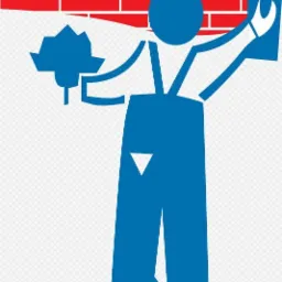 Grafika przedstawia niebieską sylwetkę murarza w kombinezonie, z kielnią w jednej ręce i pacą w drugiej, na tle czerwonej ściany z cegieł. U dołu widnieje napis P.H.U. Krzysztof Jasiński.