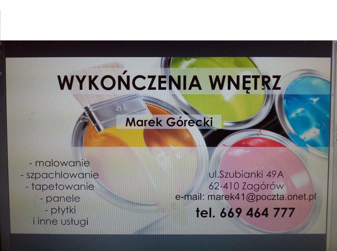 Reklama firmy 'Marek Górecki' oferującej wykończenia wnętrz. Widoczne puszki z farbami i pędzel. Zawiera adres, e-mail i numer telefonu.