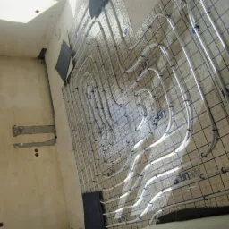 Białe rury ogrzewania podłogowego ułożone na srebrnej folii z siatką, przymocowane czarnymi klipsami w jasnym pomieszczeniu w trakcie remontu.