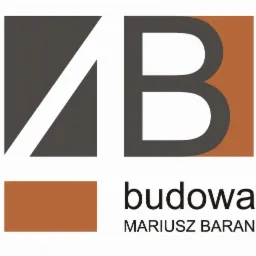 Logo firmy budowlanej: abstrakcyjny symbol z literami '4B' w kolorach szarym i brązowym, napis 'budowa' i imię oraz nazwisko 'Mariusz Baran'.