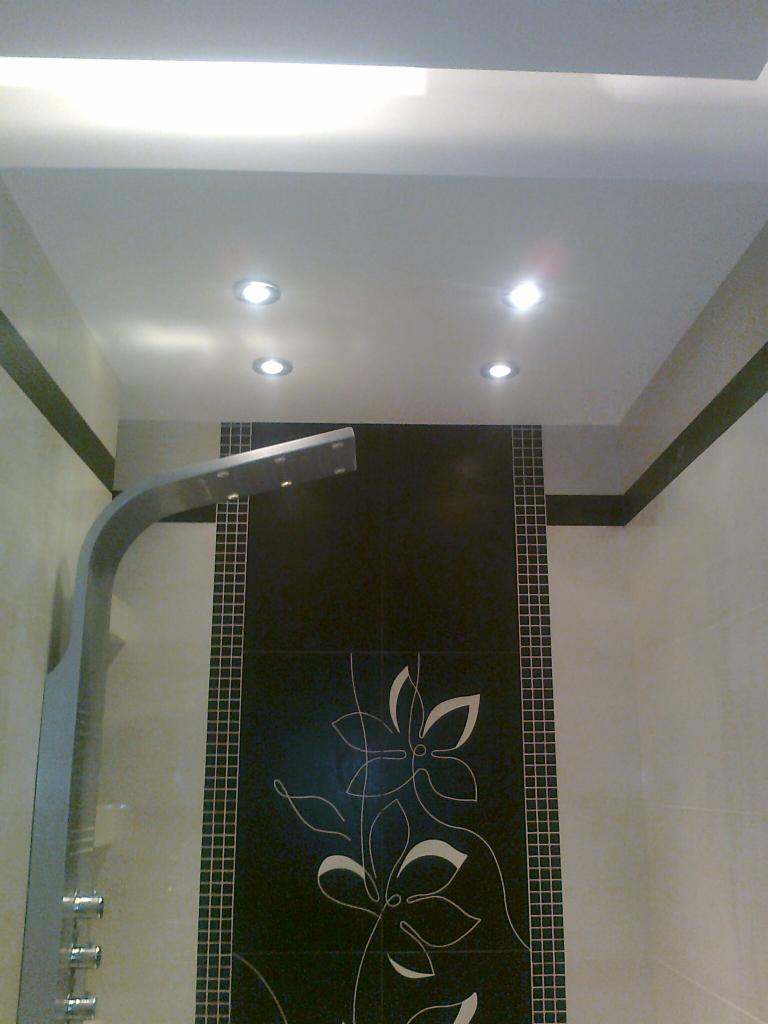Wykończona łazienka z czarną ścianą z motywem kwiatowym, szarym panelem prysznicowym i oświetleniem punktowym w suficie.