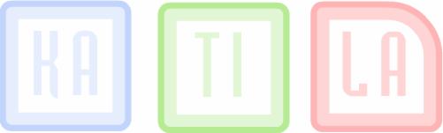 Grafika przedstawia trzy kolorowe, zaokrąglone kwadraty: niebieski z napisem 'KA', zielony z napisem 'TI', i różowy z napisem 'LA', tworzące razem słowo 'KATILA', potencjalne logo lub element...