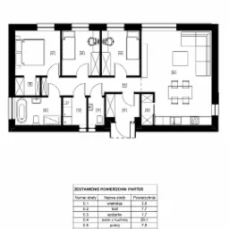 Rzut parteru domu jednorodzinnego z oznaczonymi pomieszczeniami i zestawieniem powierzchni, widoczne pokoje, łazienka, salon z kuchnią, spiżarka, wiatrołap, pralnia i toaleta.