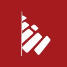 Abstrakcyjne białe logo z ukośnymi liniami na jednolitym czerwonym tle.