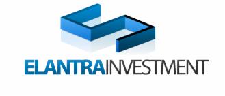 Logo firmy Elantra Investment z niebieskim, geometrycznym symbolem powyżej nazwy.