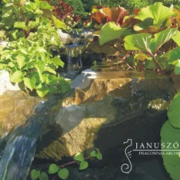 Kaskada wodna w ogrodzie z kamieni i roślin o dużych liściach, w prawym dolnym rogu widoczne logo pracowni architektonicznej.