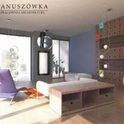 Wizualizacja wnętrza pokoju dziennego z fioletowym krzesłem, drewnianą szafką RTV, regałem z kolorowymi akcentami i lampą kulistą, oświetlonego naturalnym światłem wpadającym przez duże okna.