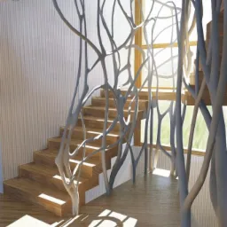 Schody drewniane z balustradą w kształcie gałęzi drzew, oświetlone naturalnym światłem wpadającym przez okno, widoczne logo firmy Januszkówka Pracownia Architektury.