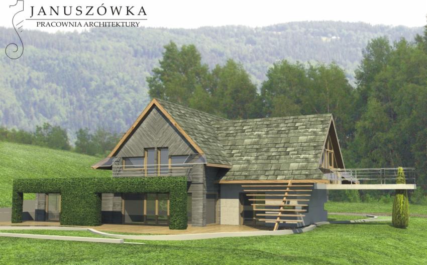 Wizualizacja domu jednorodzinnego z dachem dwuspadowym i balkonem, otoczona zielonym trawnikiem i drzewami, z logo pracowni architektonicznej w lewym górnym rogu.