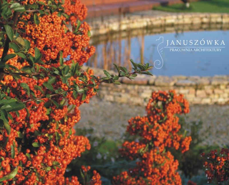 Ognik szkarłatny obsypany owocami na tle oczka wodnego z kamiennym brzegiem, w tle logo pracowni architektury.